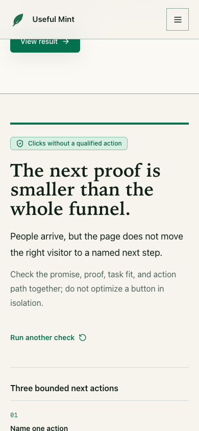 Worked Search Revenue Leak Check result showing clicks without a qualified action